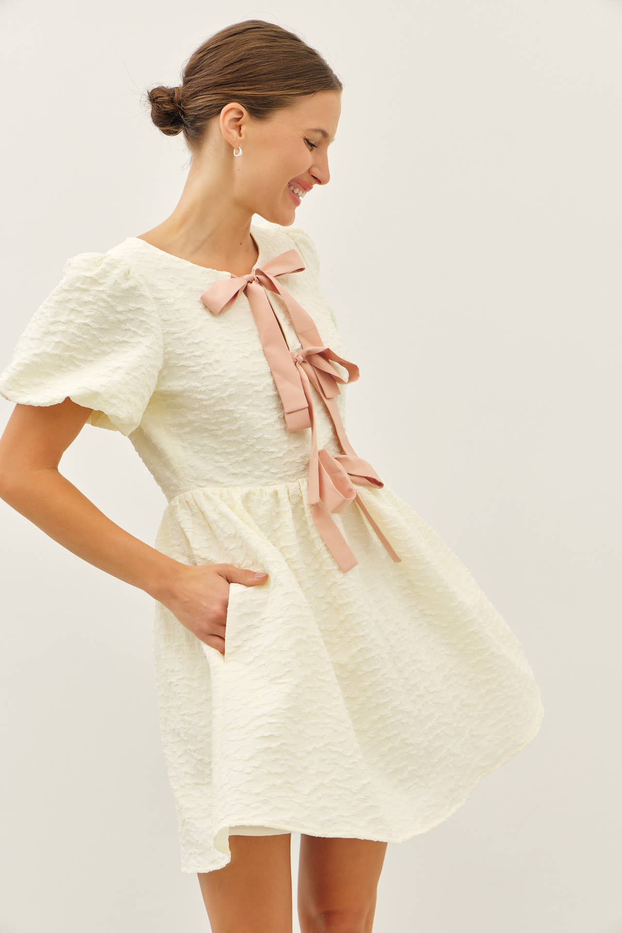 Sweet Escape Bubble Textured Bow Mini Dress