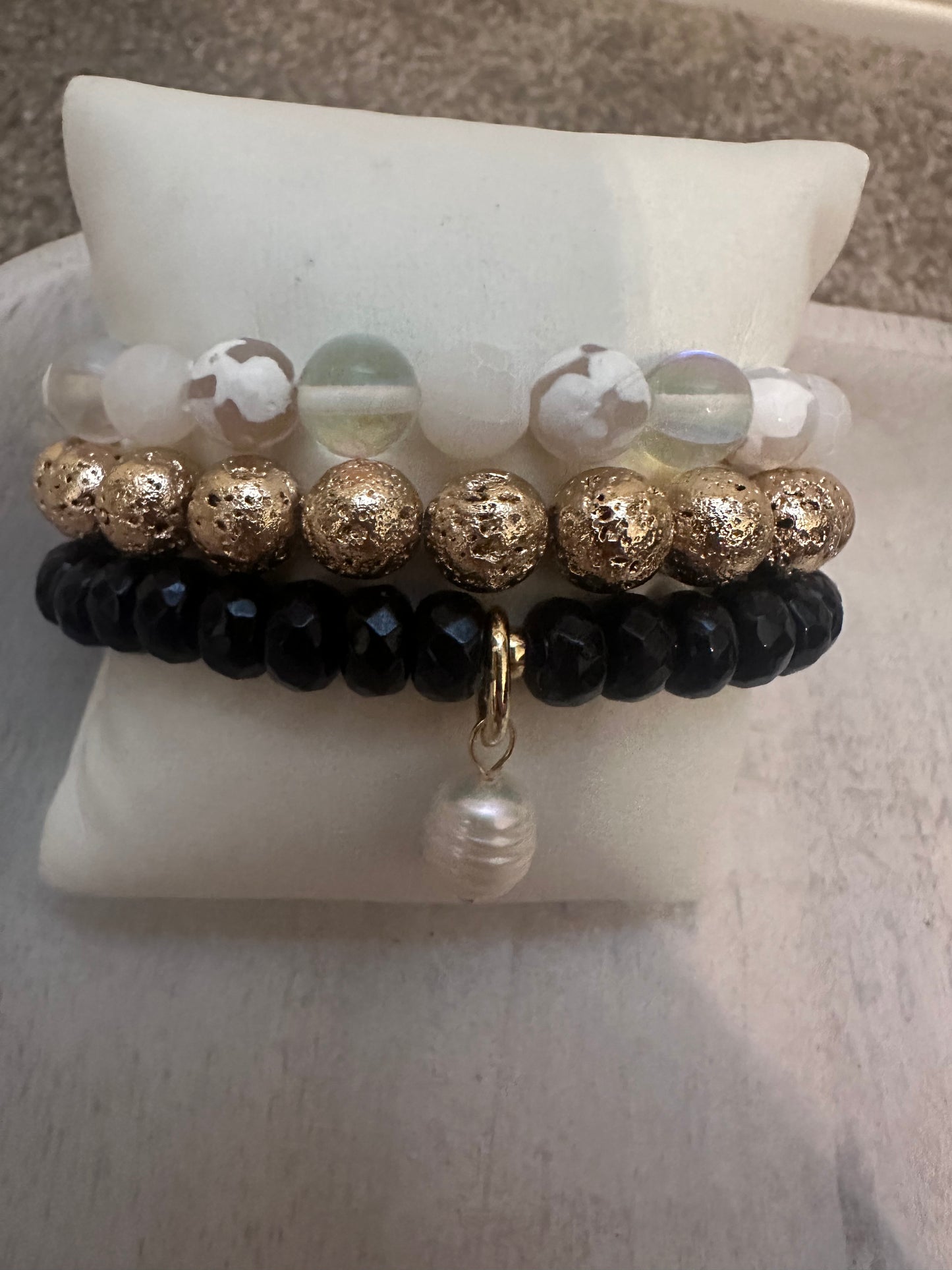 Day Party Pearl Stack of Gemstone Bracelets