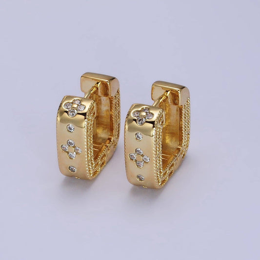 The Van Earrings - 24K Gold Filled Clear Quatrefoil CZ Square Huggies