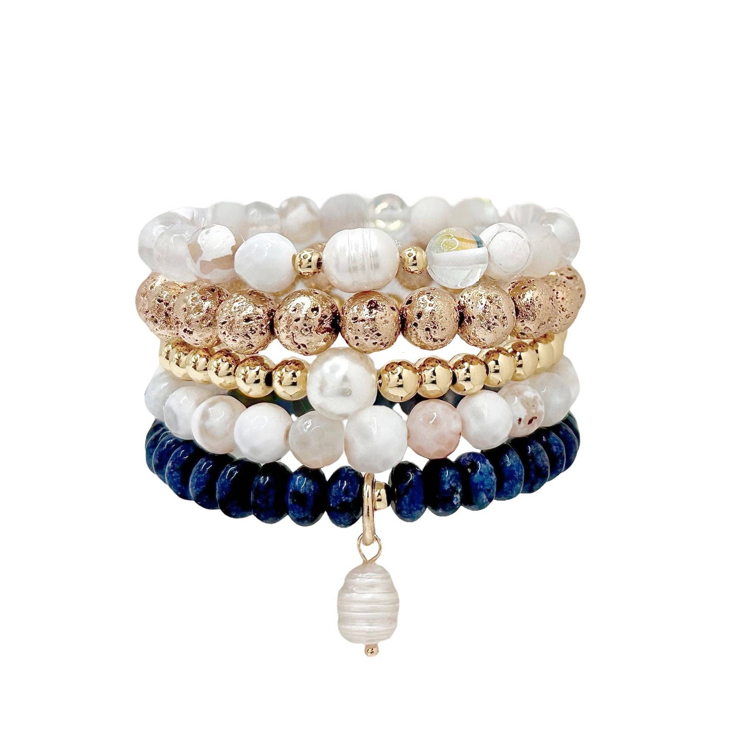 Day Party Pearl Stack of Gemstone Bracelets