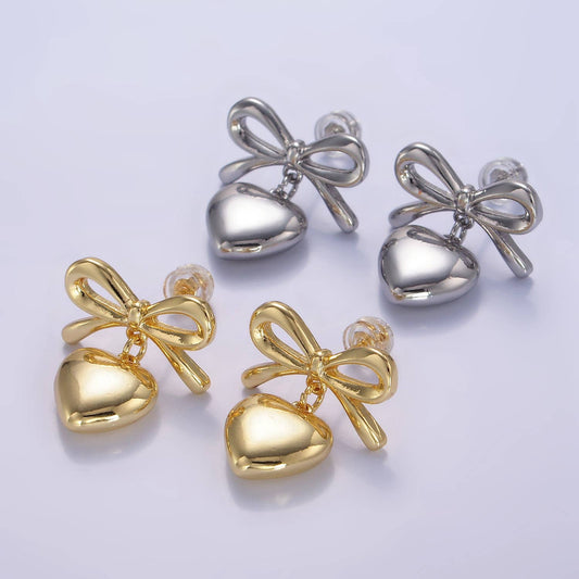 Heart Drop Ribbon Stud Earrings - 24k gold filled