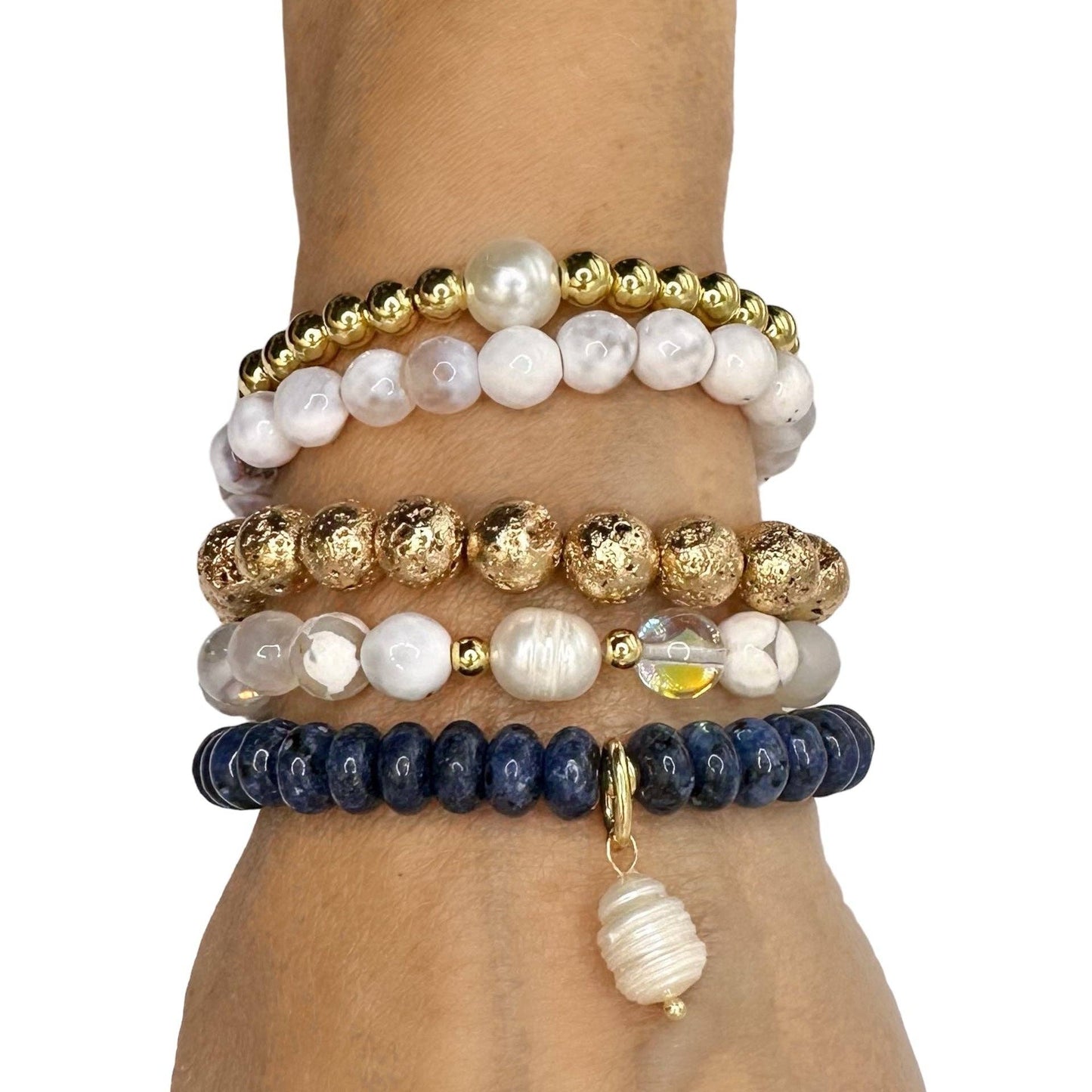 Day Party Pearl Stack of Gemstone Bracelets