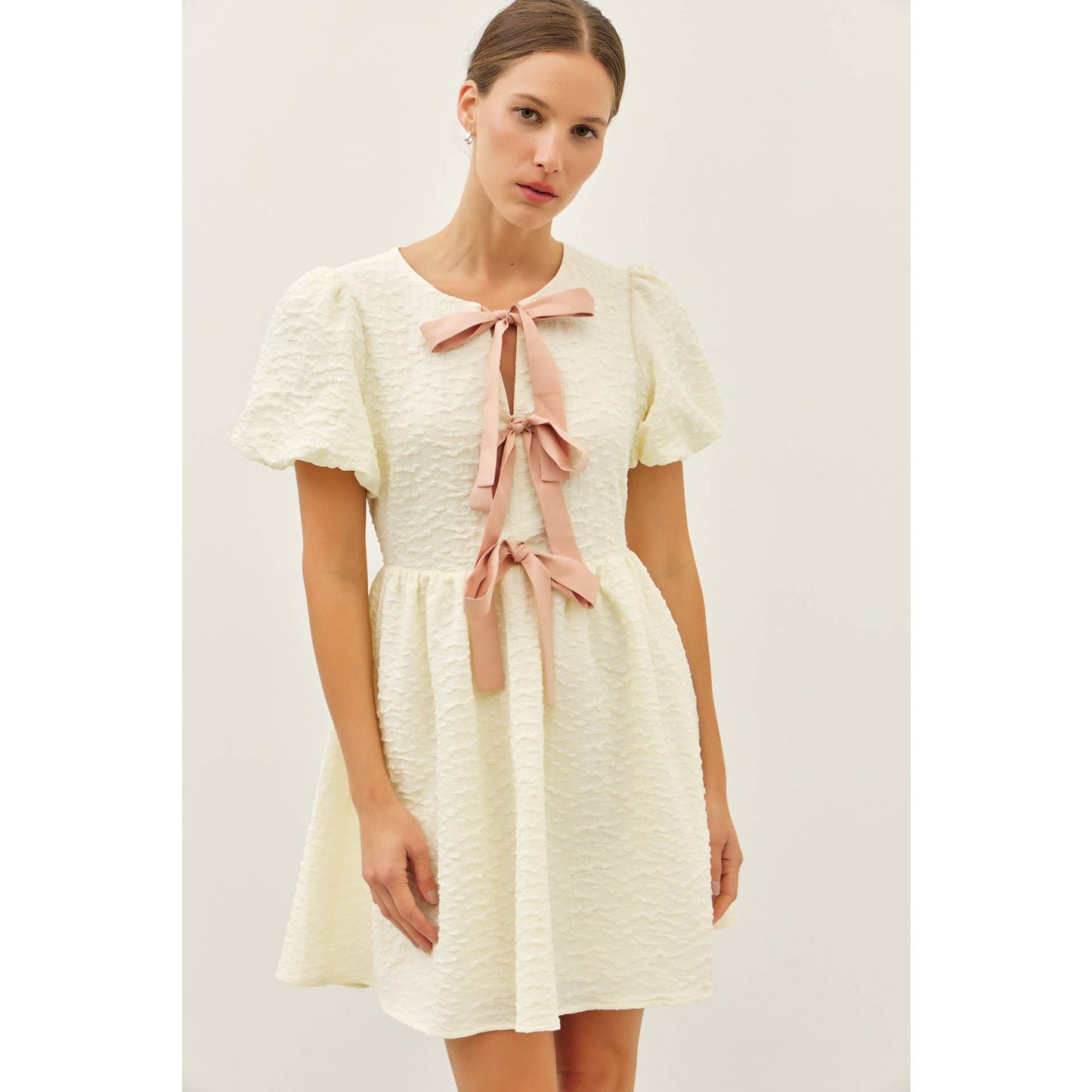 Sweet Escape Bubble Textured Bow Mini Dress