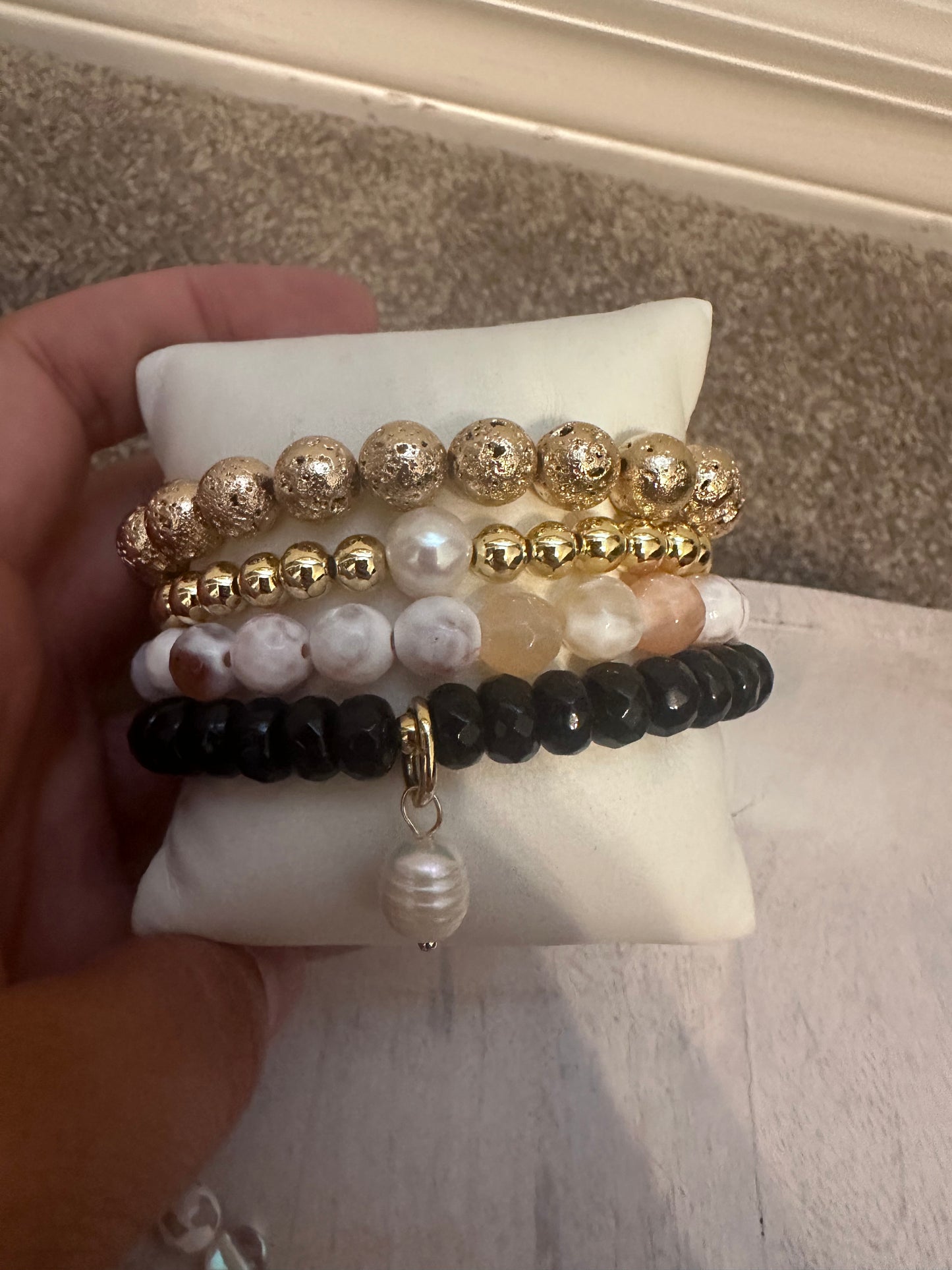 Day Party Pearl Stack of Gemstone Bracelets