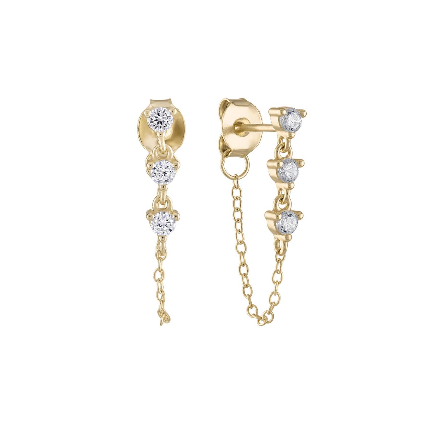 Triple Prong Set Drop Chain Earrings